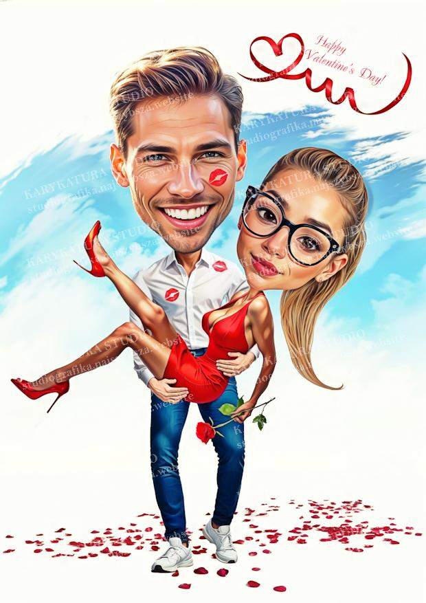 karykatura, walentynki, prezent,mezyczyzna niesie kobiete na rekach, całusy