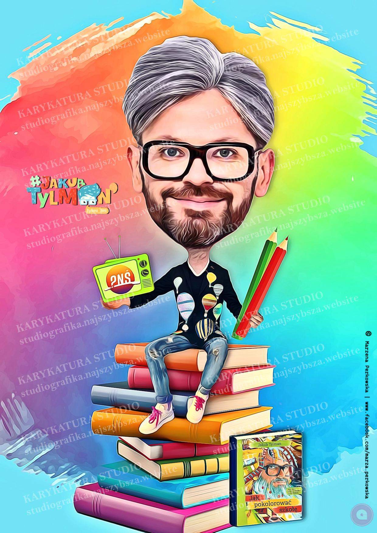 jakub tylman, karykatura, ksiażki, prezent, pytanie na śniadanie