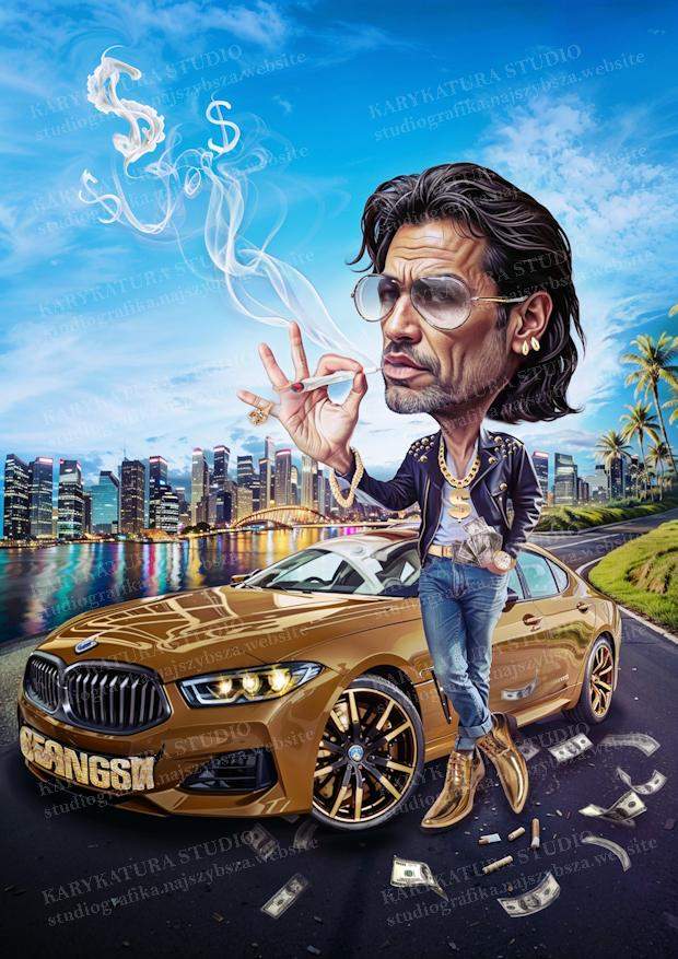 mezczyzna z papierosem, bmw, karykatura, prezent,marzena perkowska, studio, pieniądze, złoto