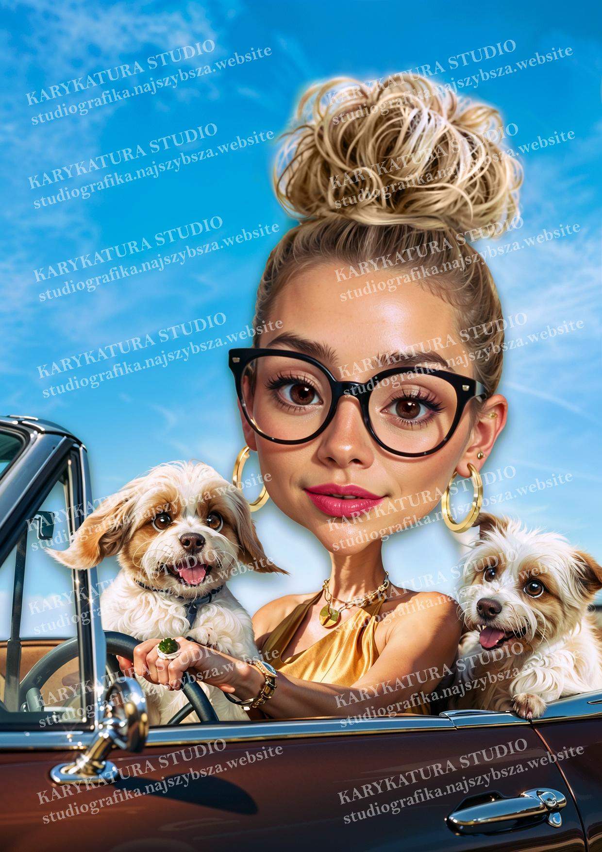 karykatura, kobieta w aucie z psami, marzena perkowska, studio