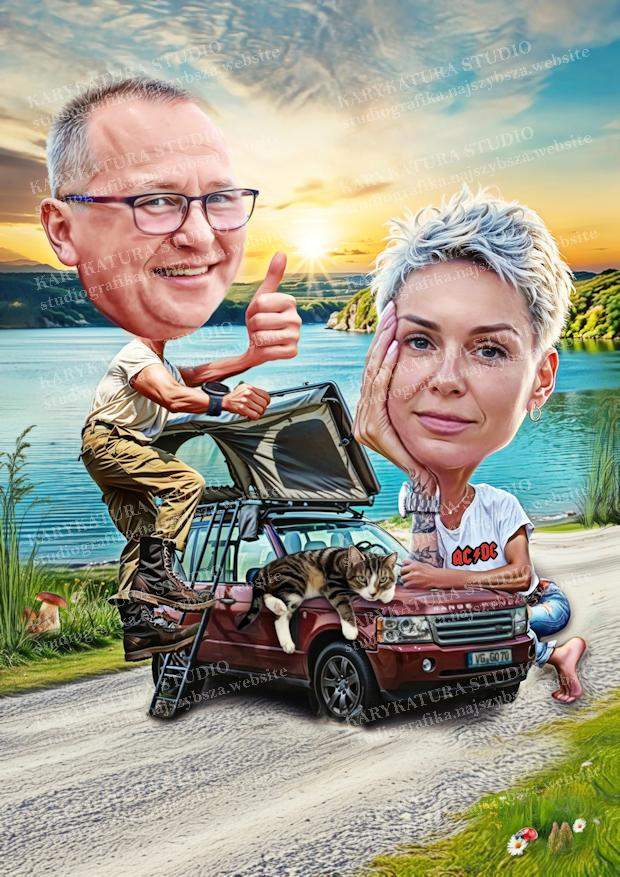 karykatura, biwak, kot, rower,podróż