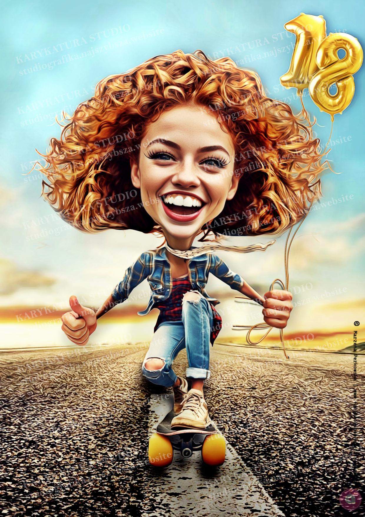 karykatura, dziewczyna na deskorolce