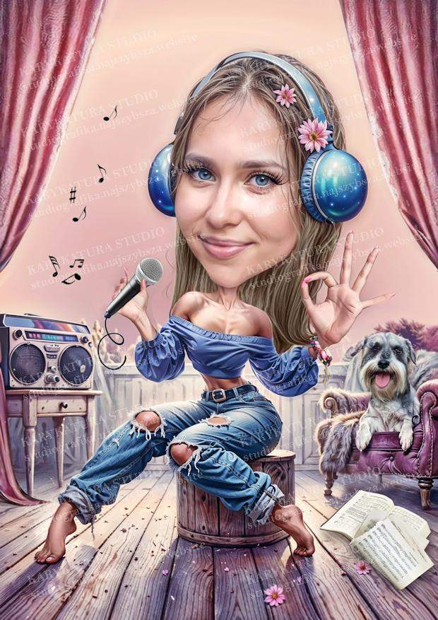 karykatura, dziewczyna z mikforonem, muzyka, sznaucer, słuchawki