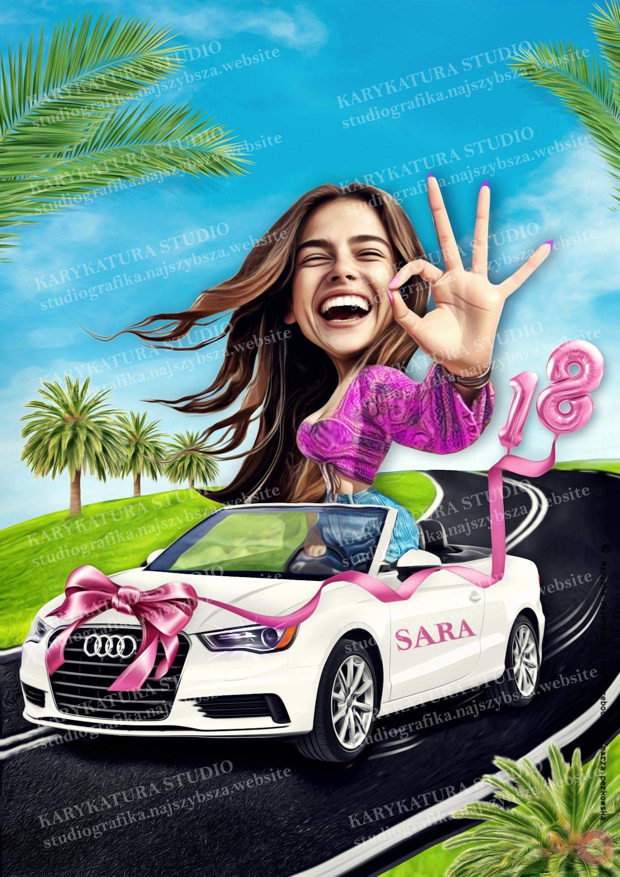 karykatura, dziewczyna w aucie, bmw