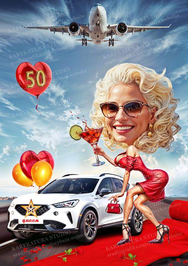 karykatura, kobieta z kieliszkiem, kobieta idzie do auta, 60 lat prezent