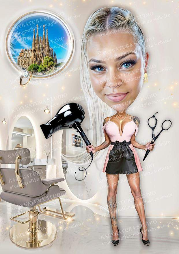 karykatura fryzjerka, suszarka, prostownica