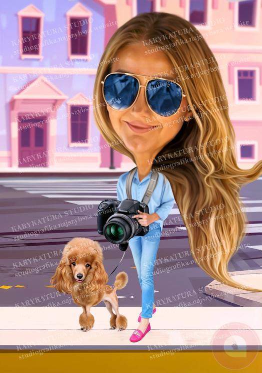 karykatura kobieta z psem aparat pudel