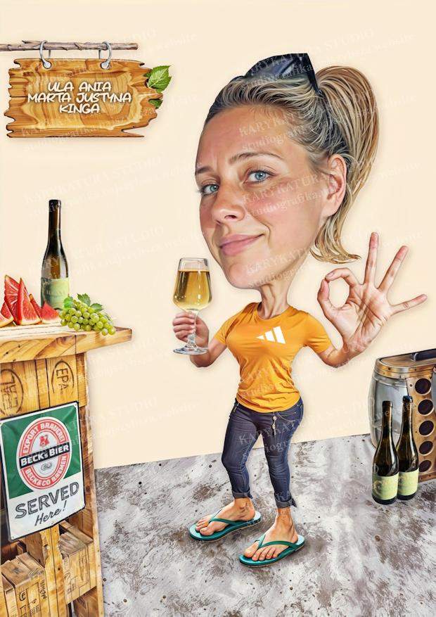 karykatura, kobieta z lampka wina, bar, marzena perkowska, studio