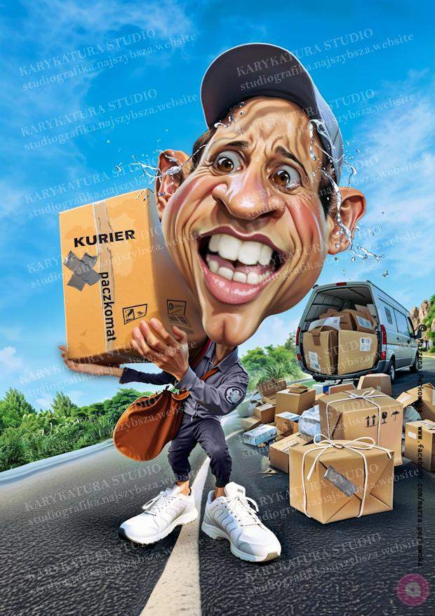 karykatura kurier z paczką