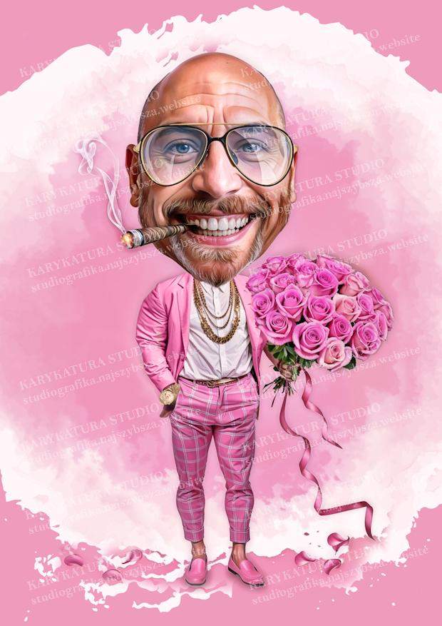 mężczyzna z cygarem i kwiatami, różowy garnitur, karykatura, spodnie w rózową kratkę, prezent na urodziny