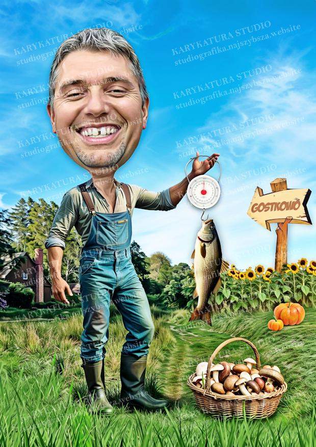 meżczyzna, karykatura, wieś, grzyby, prezent, gostkowo, karp, dynia