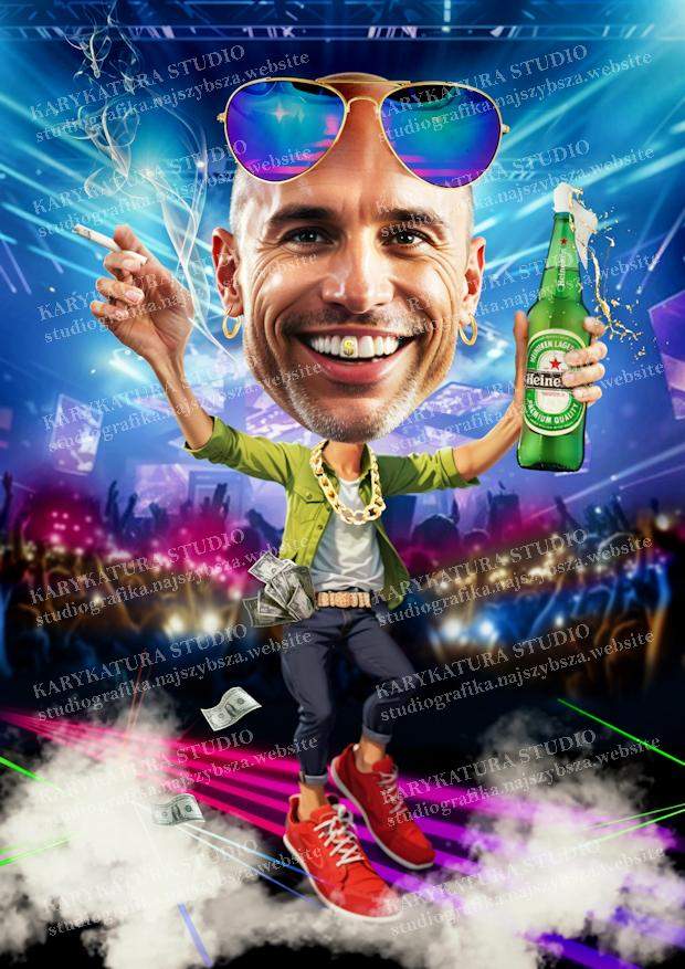 karykatura, studio,marzena,mężczyznatańczy,palipapierosa,pijepiwo
