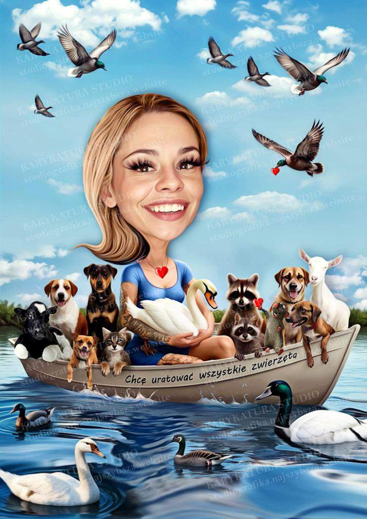 karykatura,przyjaciel zwierząt, chce uratować wszystkie zwierzęta