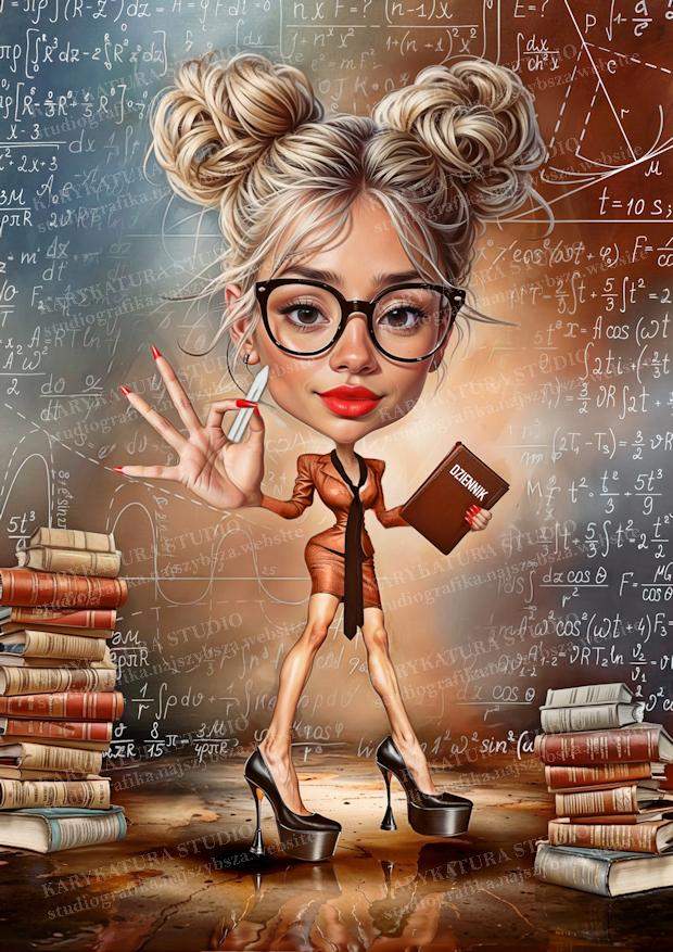 karykatura,matematyka,kobieta,obcasy,blond,ksiażki,nauczycielka,profesor