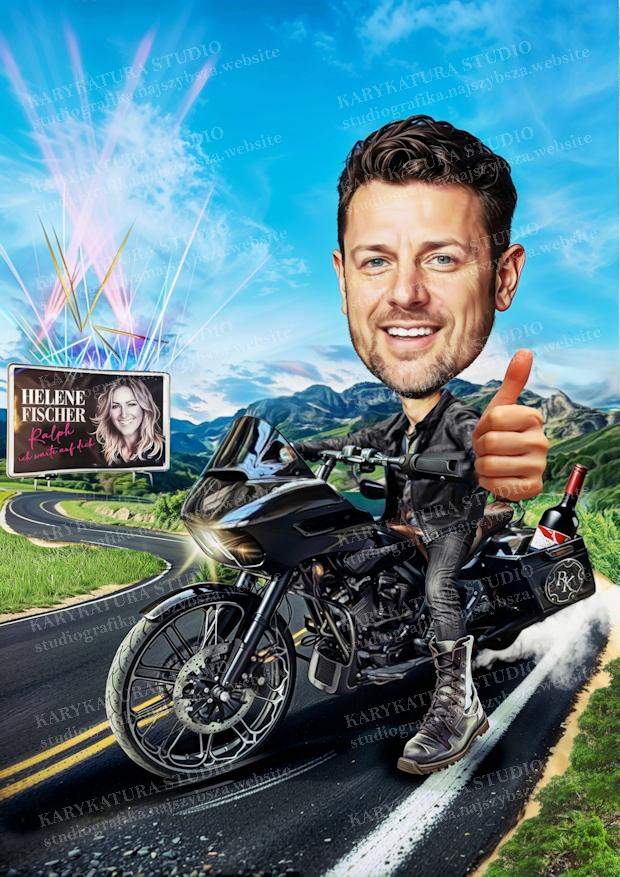 karykatura,motocyklista,fan helen fischer