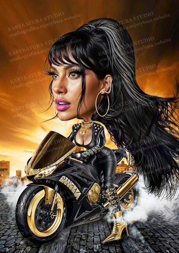 karykatura, kobieta na motorze