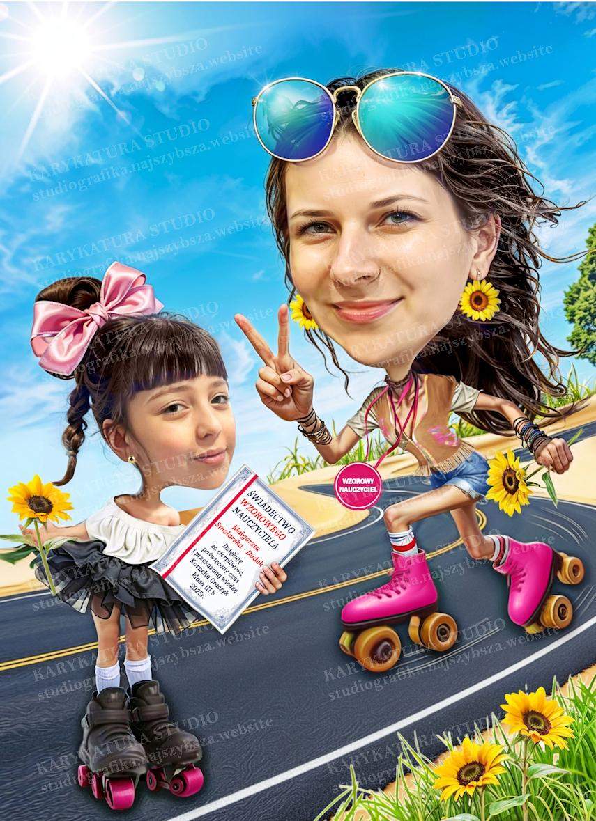 zakończenie roku szkolnego, prezent, wzorowy nauczyciel,karykatura