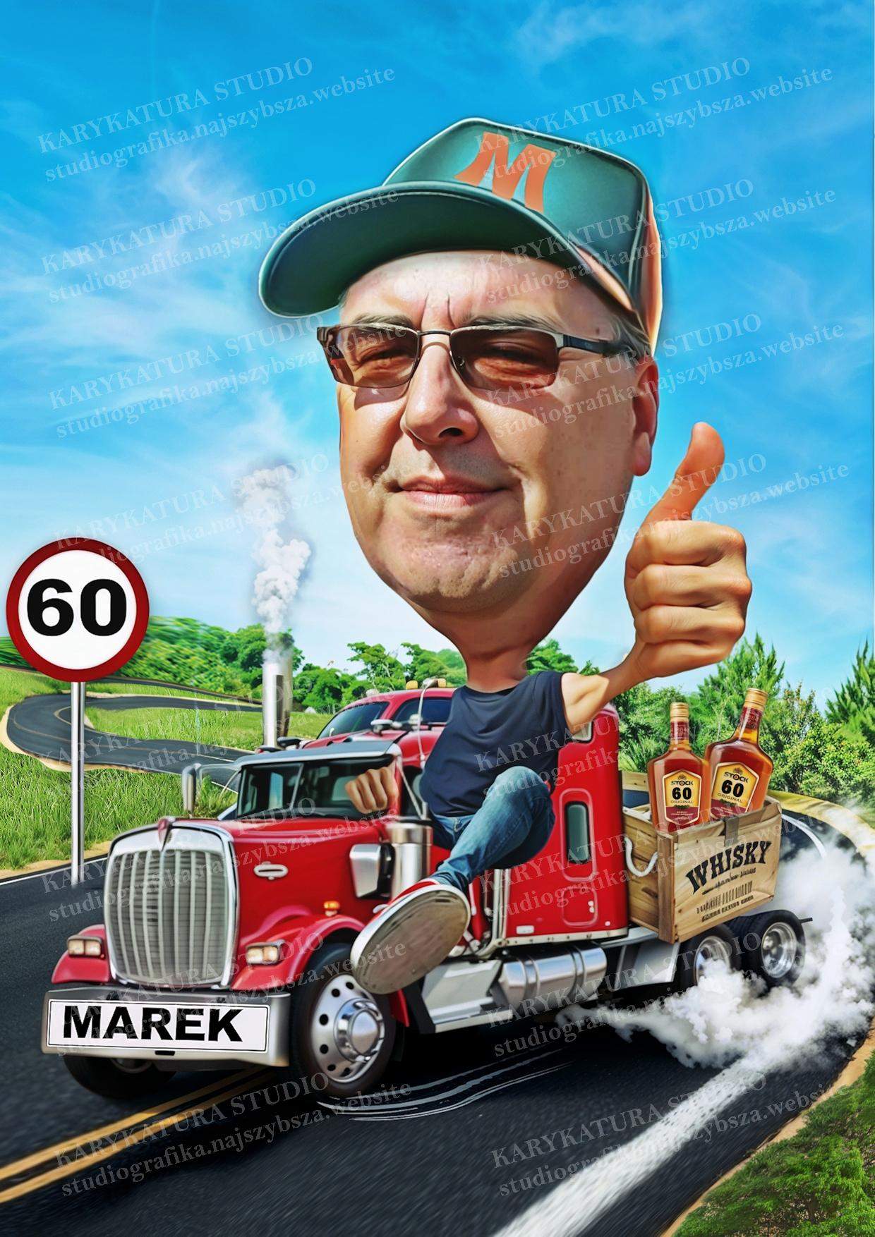 karykatura,mężczyznajedzieamerykańskimtirem_wieziewhyski_ma60lat_prezent