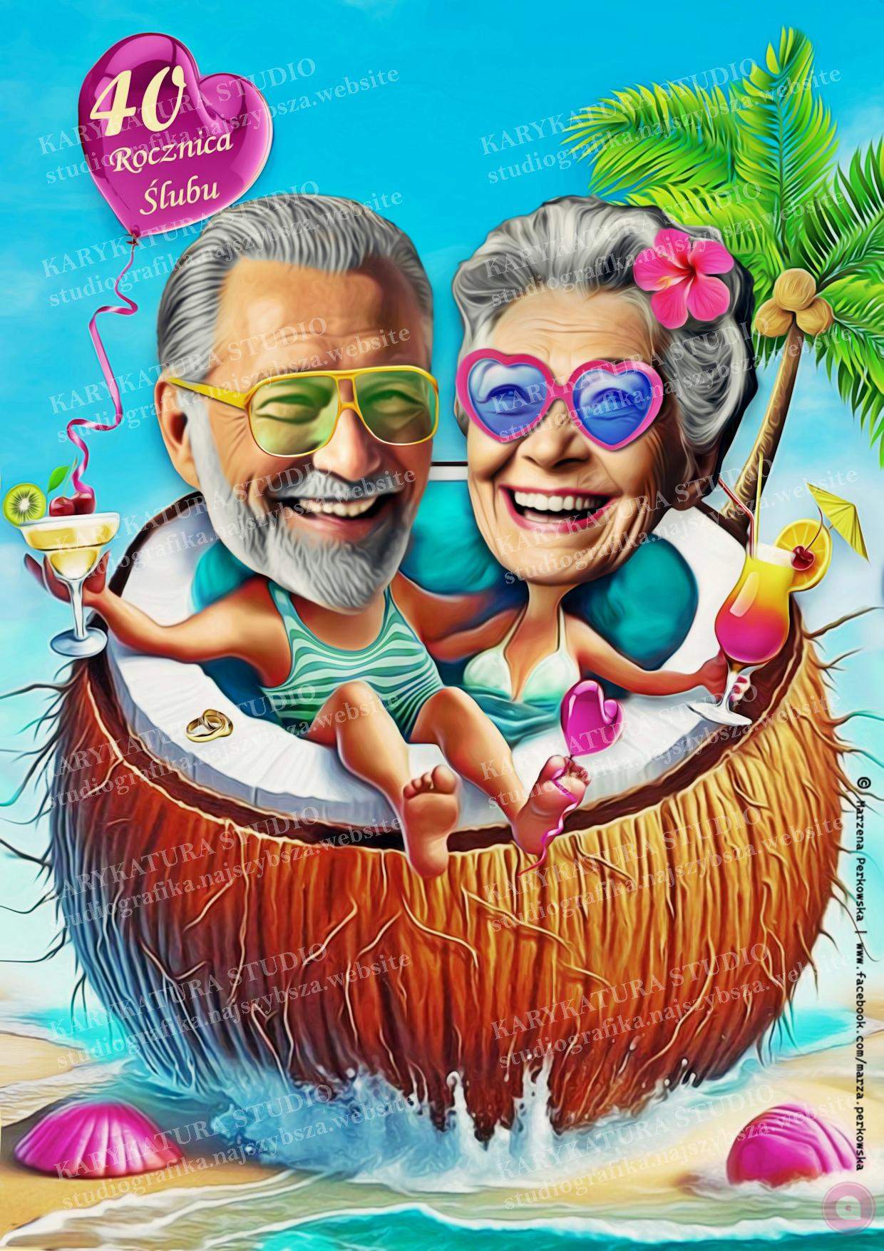 rocznica ślubu karykatura prezent małżeństwo drinki palma balon