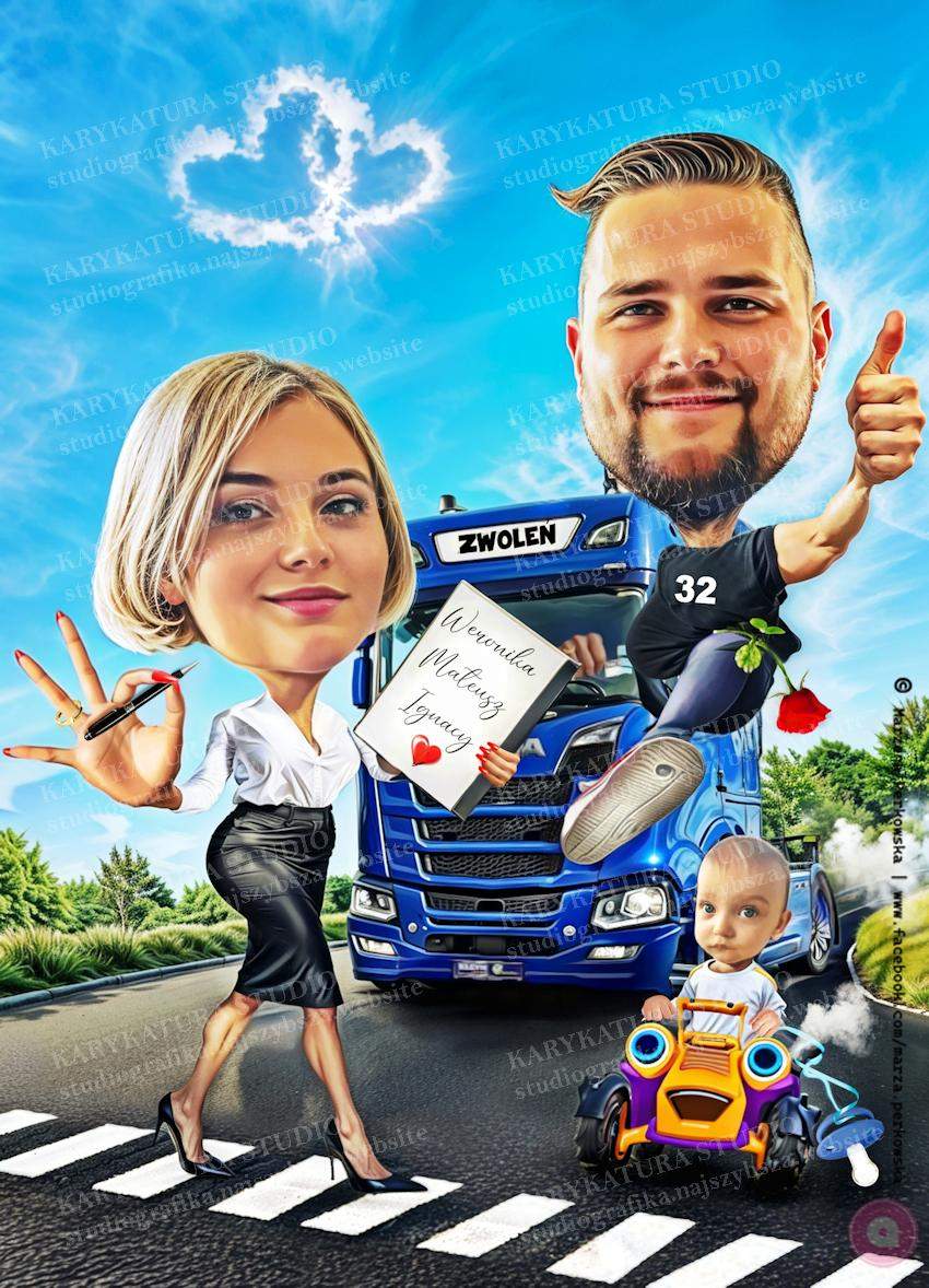 karykatura, rodzina, trzy osoby, zwoleń, scania, studio,  marzena perkowska