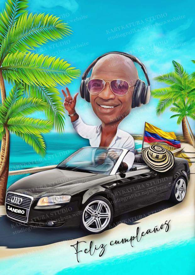audi, meksyk, palmy, karykatura, studio,marzena perkowska, ladna karykatura,mężczyzna w aucie