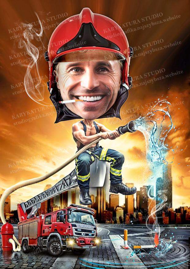 karykatura, strażak, studio karykatura, marzena perkowska, strażak gasi pożar, wóz strażacki