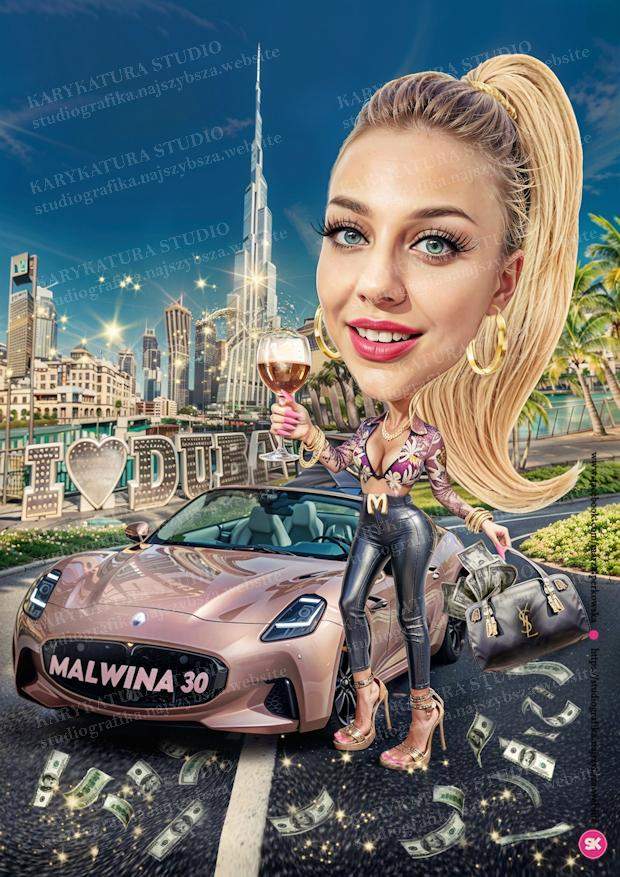 karykatura, studio, marzenaperkowska, dziewczyna z kieliszkiem, dubaj, kasa