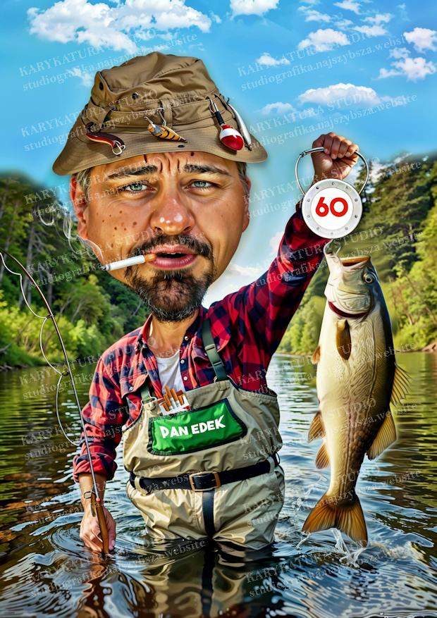 karykatura, wędkarz, edek, studio karykatura, marzena perkowska, wędka, waga, sum