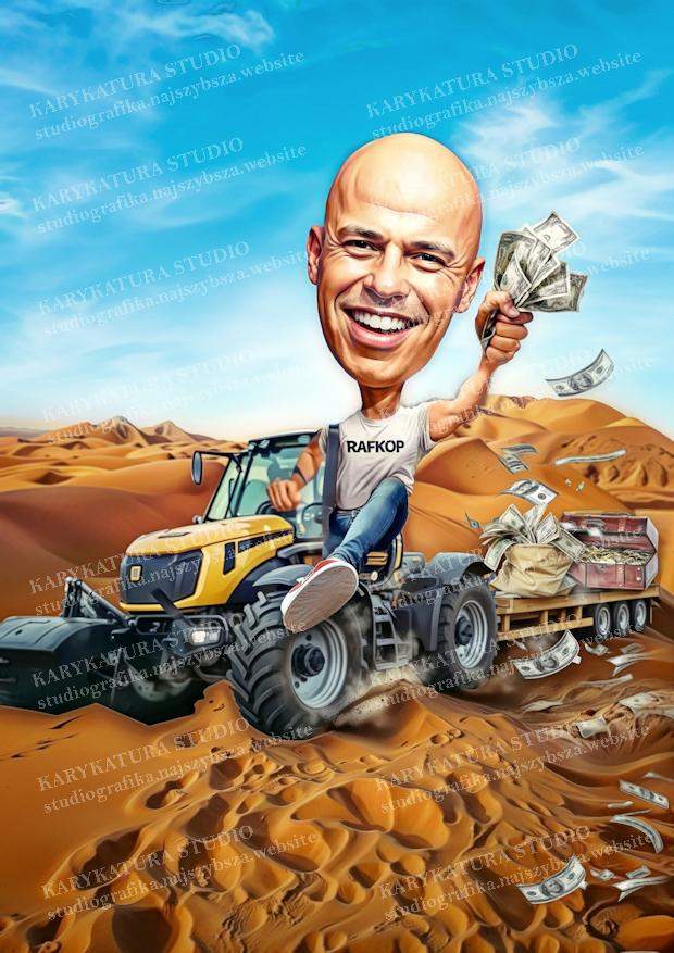 karykatura,mężczyzna na koparce rozrzuca pieniądze