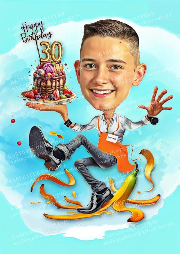 karykatura, kelner niesie torta, 30 urodziny, pośliznąl sie na skórce od banana