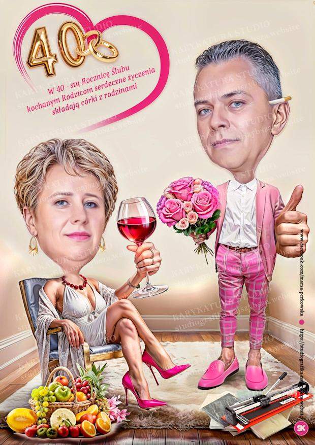karykatura_rocznica_ślubu_męzczyznazkwiatami_kobietazwinem_studiokarykatura_marzenaPerkowska