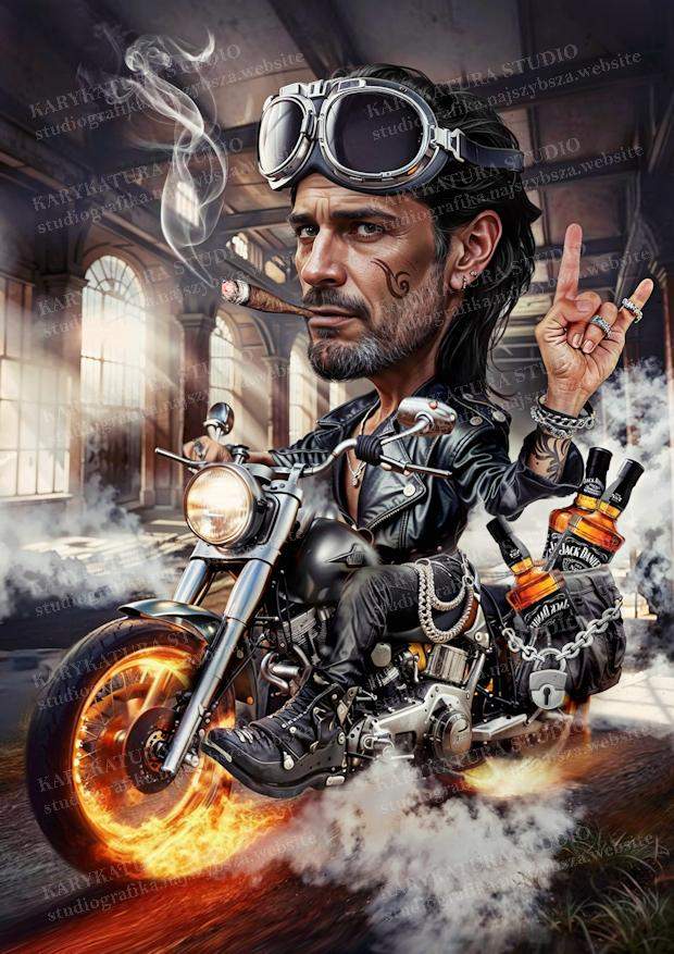 motocyklista, karykatura, mężczyzna z cygarem na motorze