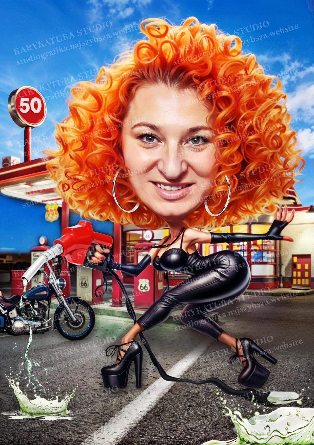 karykatura, rude loki, stacja benzynowa, kobieta tankuje