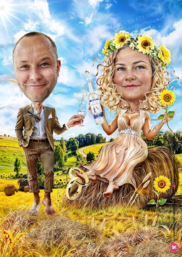 karykatura, ślub, kobieta na sianie, kobieta nalewa kieliszek, słoneczniki, marzena perkowska studio karykatura