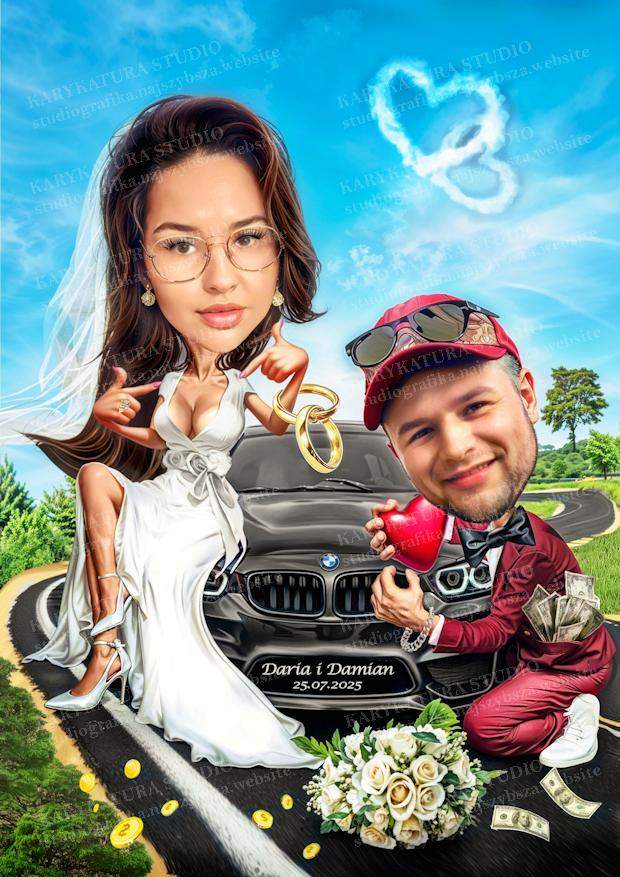 karykatura, bmw, para młoda, ślub, prezent na ślub, marzena perkowska, studio karykatura