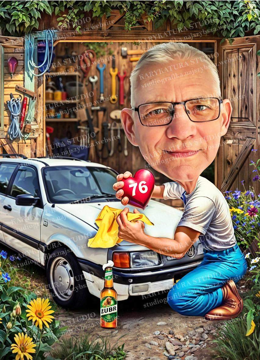 karykatura_pan w garażu czyści volkswagena popijajac piwo zubr