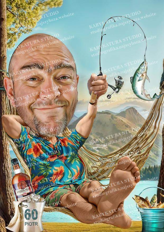 60 urodziny prezent, meżczyzna leży na hamaku, obok stoi wódka, łowi ryby, karykatura